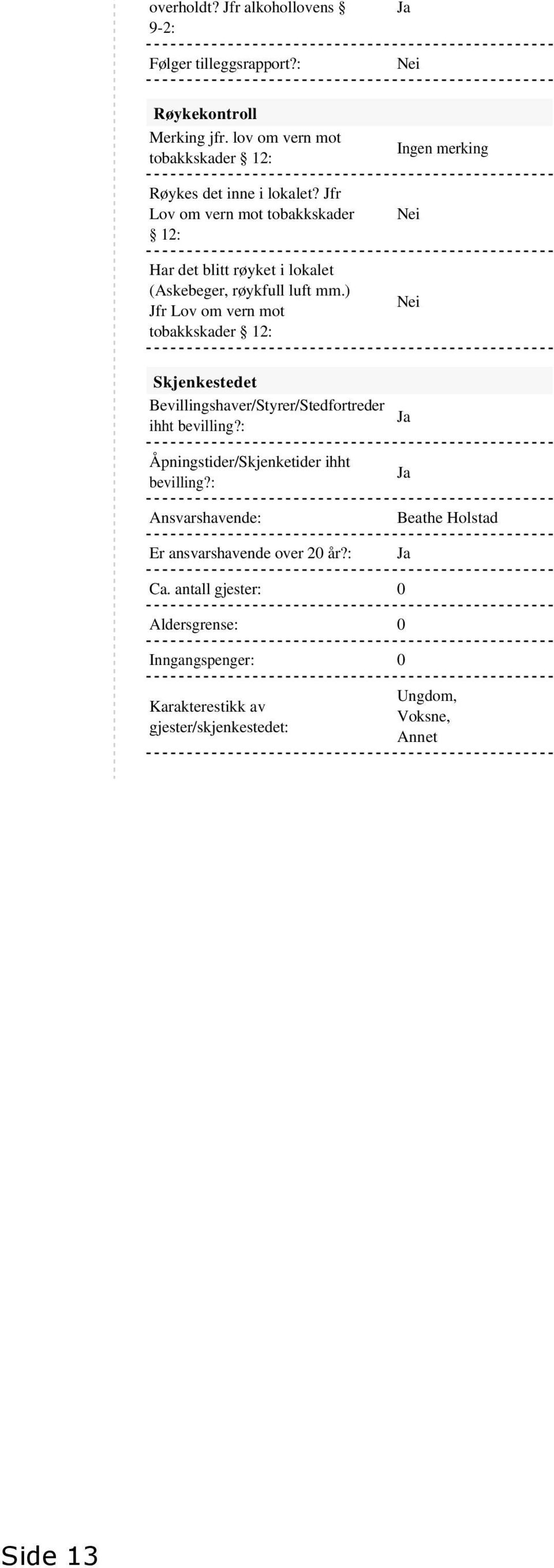 ) Jfr Lov om vern mot tobakkskader 12: Ingen merking Nei Nei Skjenkestedet Bevillingshaver/Styrer/Stedfortreder ihht bevilling?