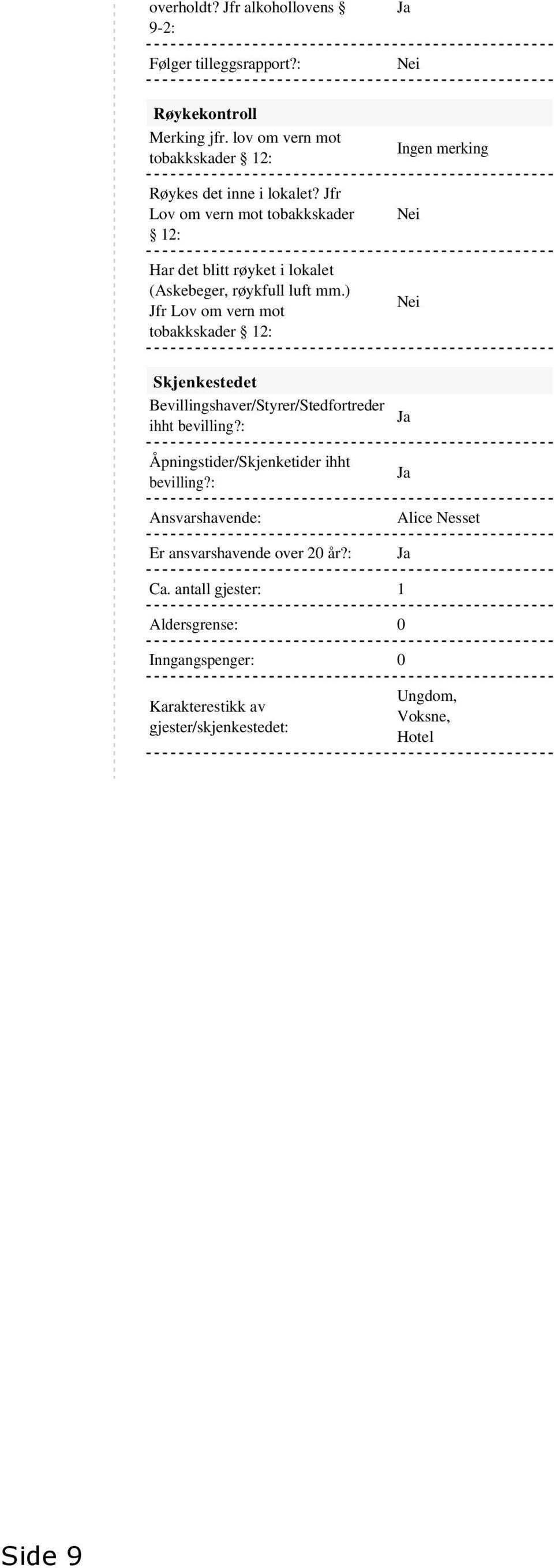 ) Jfr Lov om vern mot tobakkskader 12: Ingen merking Nei Nei Skjenkestedet Bevillingshaver/Styrer/Stedfortreder ihht bevilling?