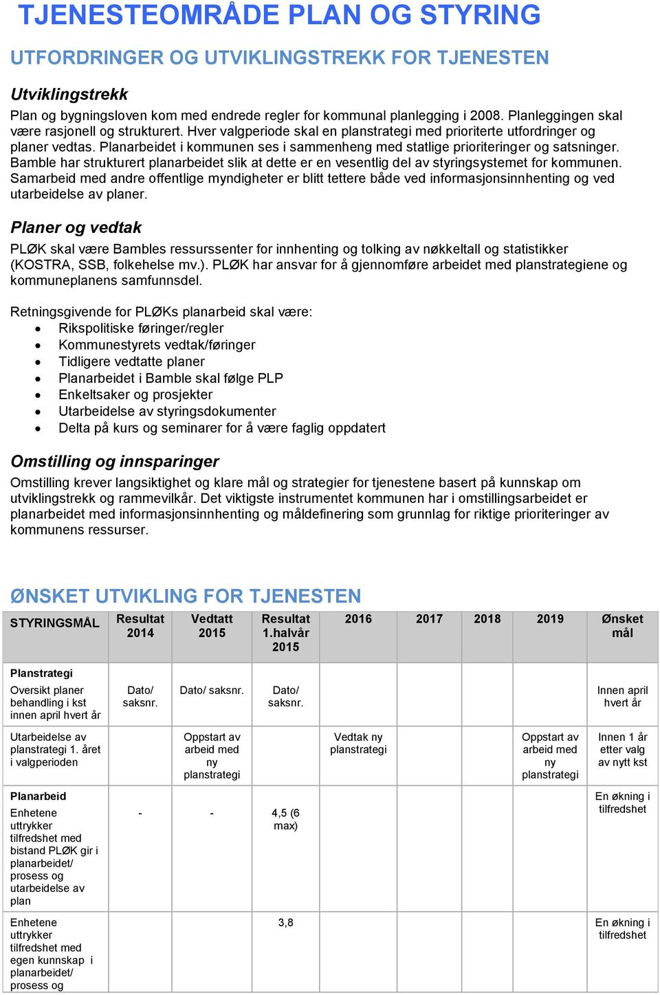 Planarbeidet i kommunen ses i sammenheng med statlige prioriteringer og satsninger. Bamble har strukturert planarbeidet slik at dette er en vesentlig del av styringsystemet for kommunen.