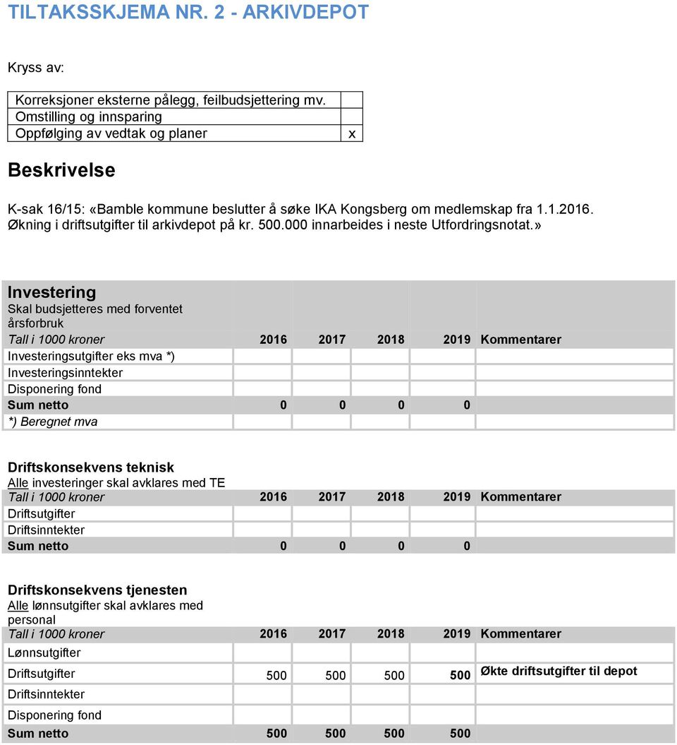 Økning i driftsutgifter til arkivdepot på kr. 500.000 innarbeides i neste Utfordringsnotat.