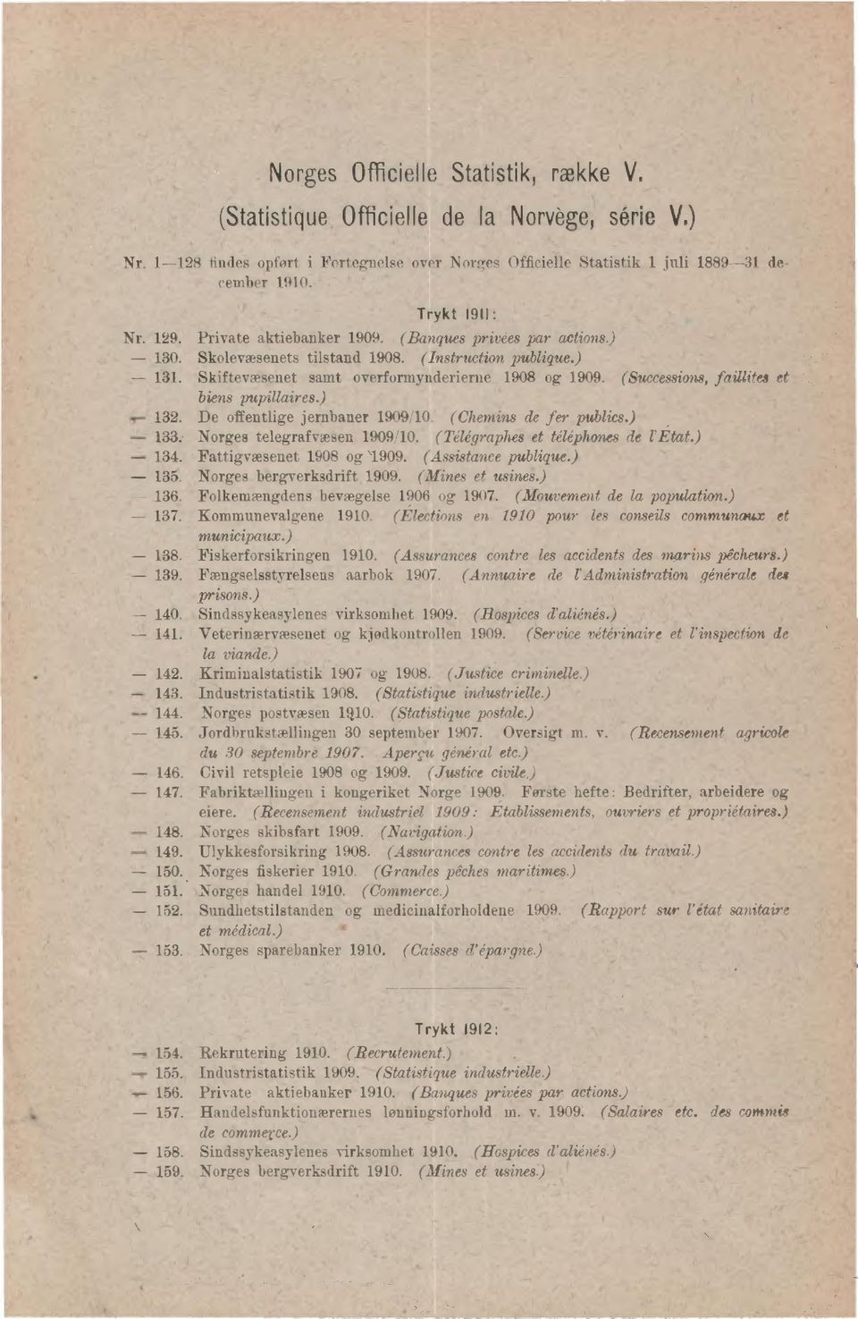 (Chemins de fer publics.) 33: Norges telegrafvæsen 909/0. (Tiligraphes et tiliphanes de l'état.) 34. Fattigvæsenet 908 og '909. (Assistance publique.) 35. Norges bergverksdrift 909. (Mines et usines.