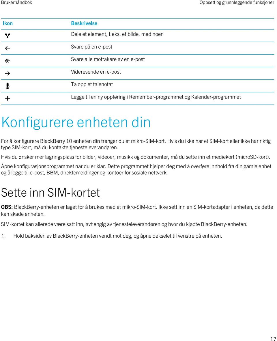 enheten din For å konfigurere BlackBerry 10 enheten din trenger du et mikro-sim-kort. Hvis du ikke har et SIM-kort eller ikke har riktig type SIM-kort, må du kontakte tjenesteleverandøren.