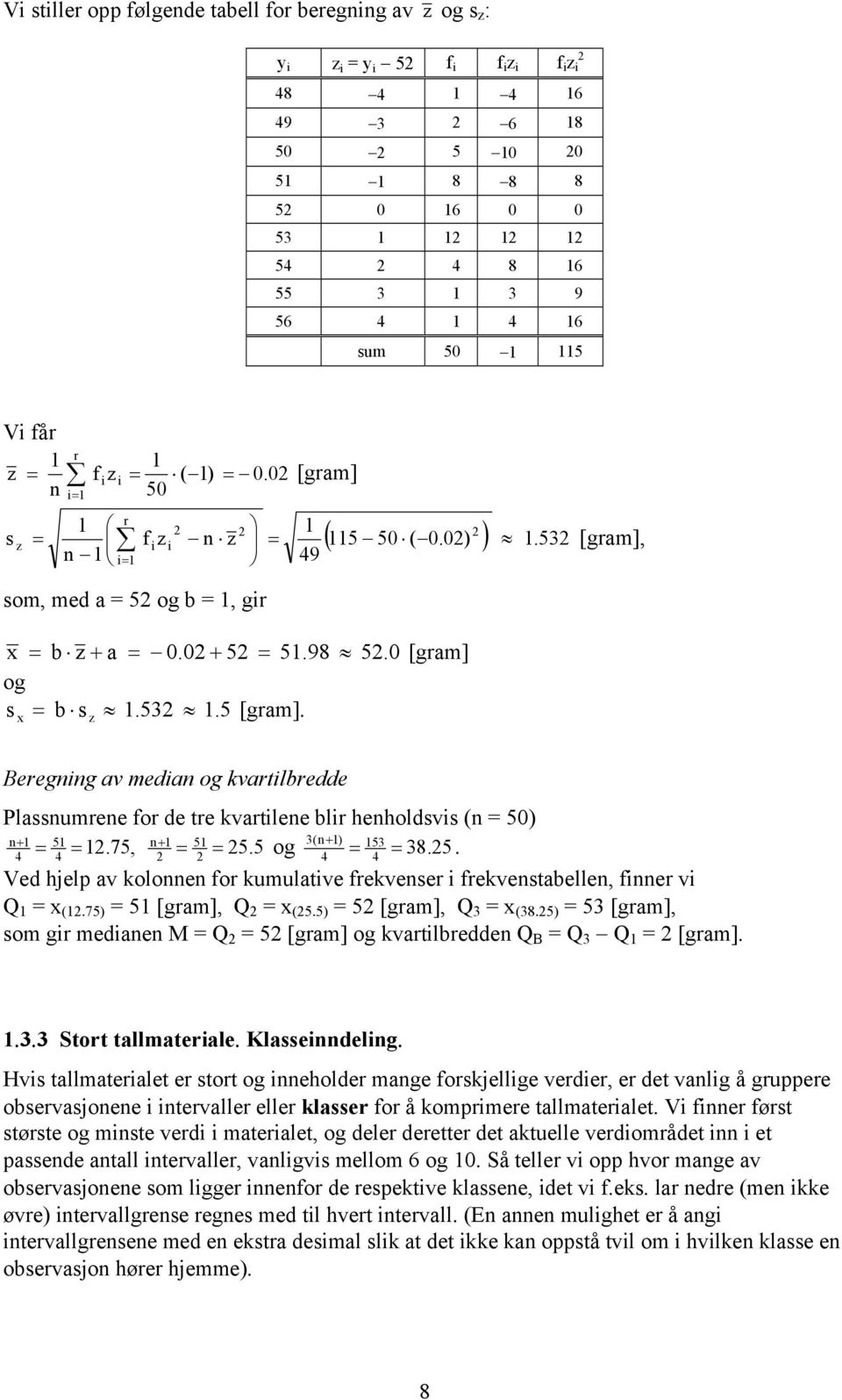 z Beegg av meda og kvatledde Plassumee fo de te kvatlee l heholdsvs ( = 50) + 5 + 5 3(+ ) 53 = =.75, = = 5. 5 og = = 38. 5. 4 4 4 4 Ved hjelp av koloe fo kumulatve fekvese fekvestaelle, fe v Q = (.