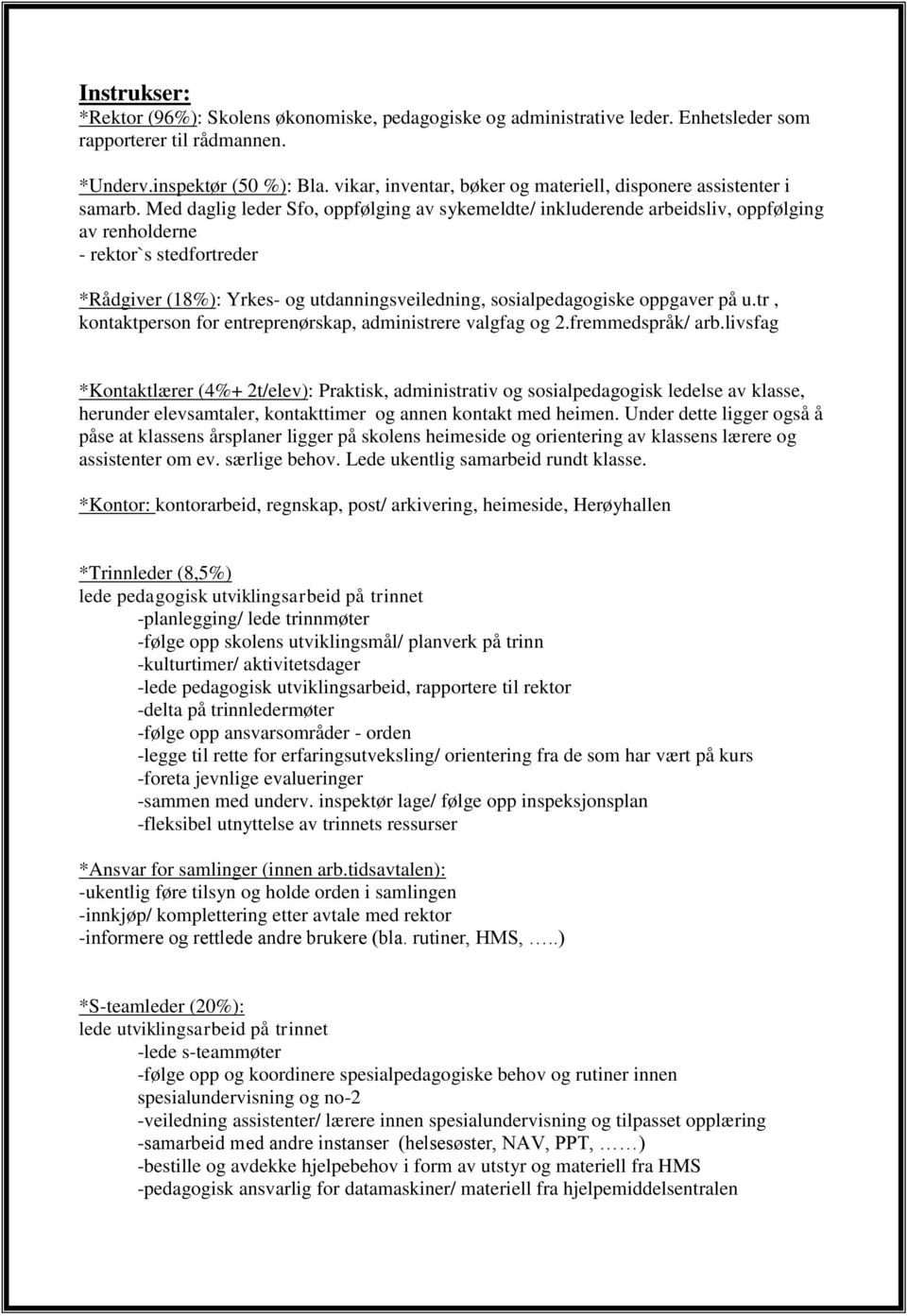 Med daglig leder Sfo, oppfølging av sykemeldte/ inkluderende arbeidsliv, oppfølging av renholderne - rektor`s stedfortreder *Rådgiver (18%): Yrkes- og utdanningsveiledning, sosialpedagogiske oppgaver