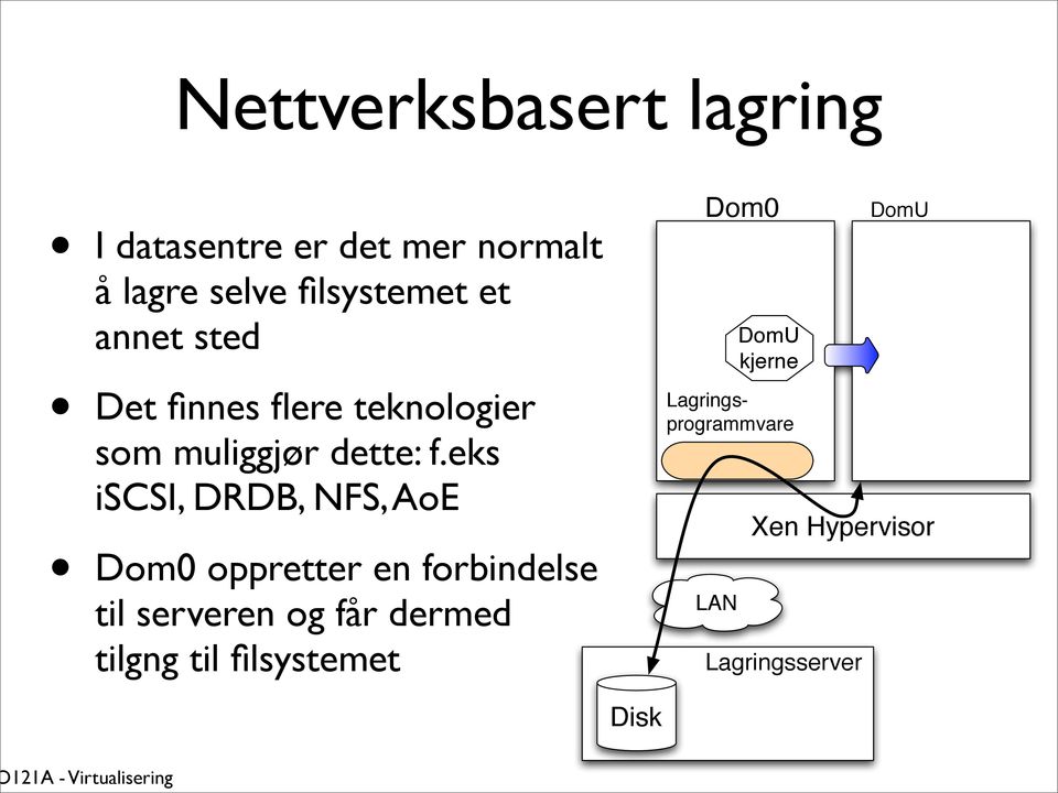 eks iscsi, DRDB, NFS, AoE Dom0 oppretter en forbindelse til serveren og får dermed