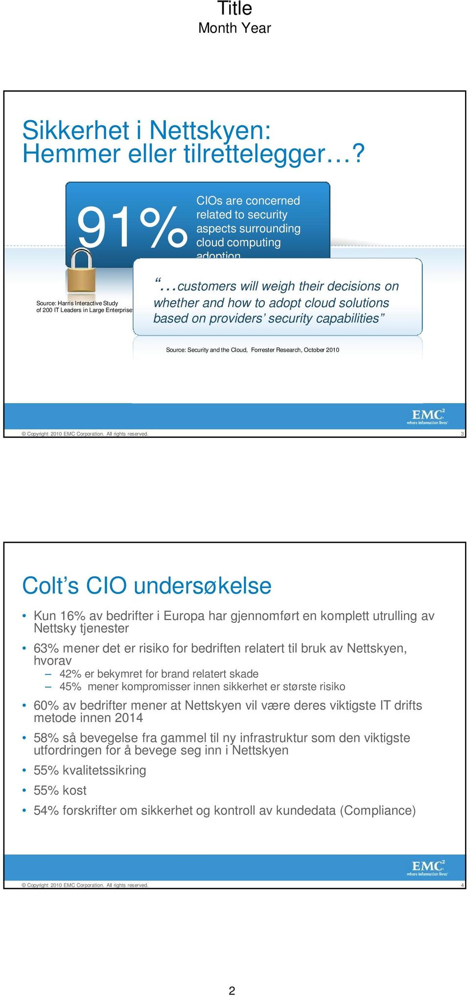 Source: Security and the Cloud, Forrester Research, October 2010 3 Colt s CIO undersøkelse Kun 16% av bedrifter i Europa har gjennomført en komplett utrulling av Nettsky tjenester 63% mener det er