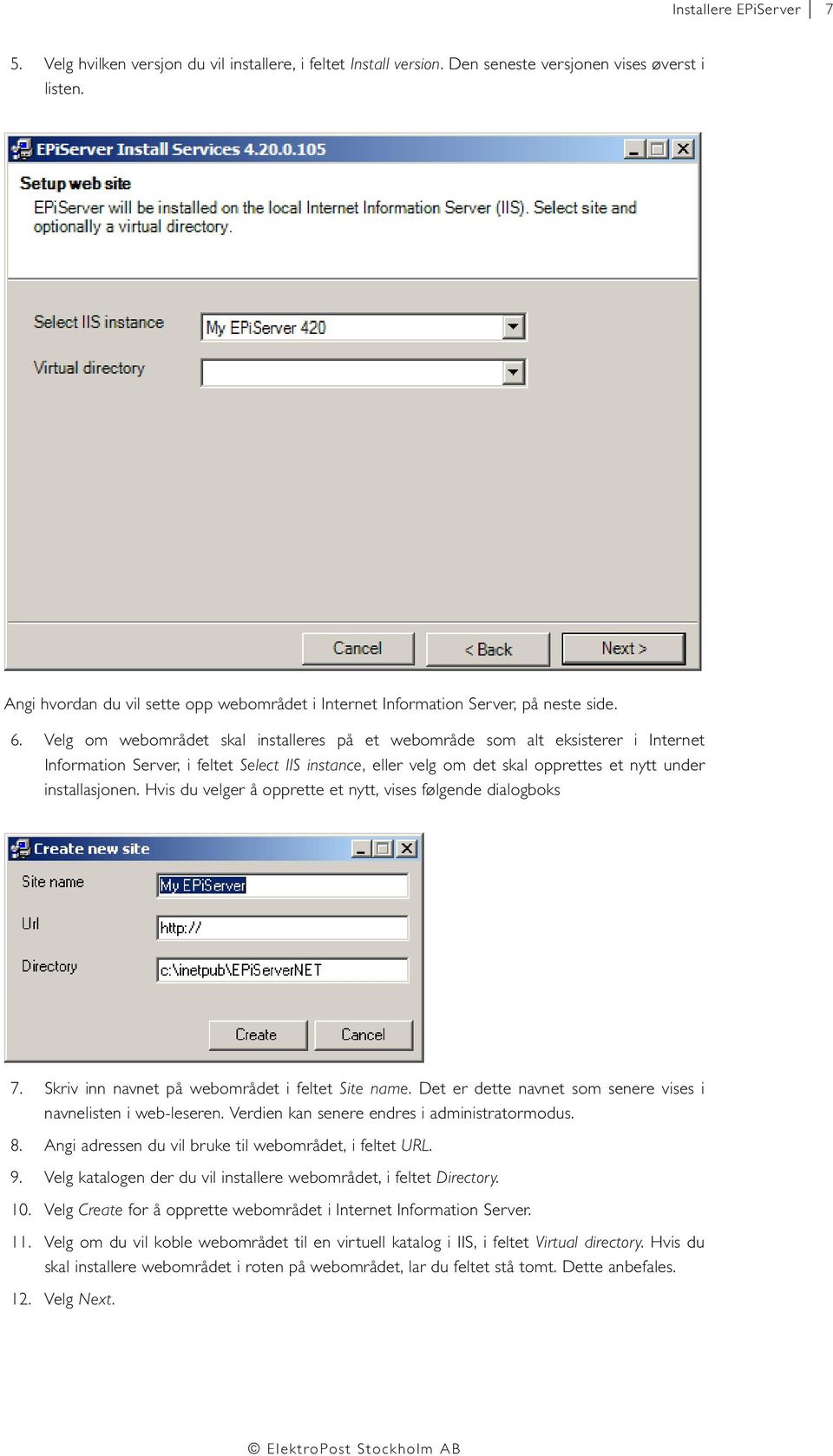 Velg om webområdet skal installeres på et webområde som alt eksisterer i Internet Information Server, i feltet Select IIS instance, eller velg om det skal opprettes et nytt under installasjonen.