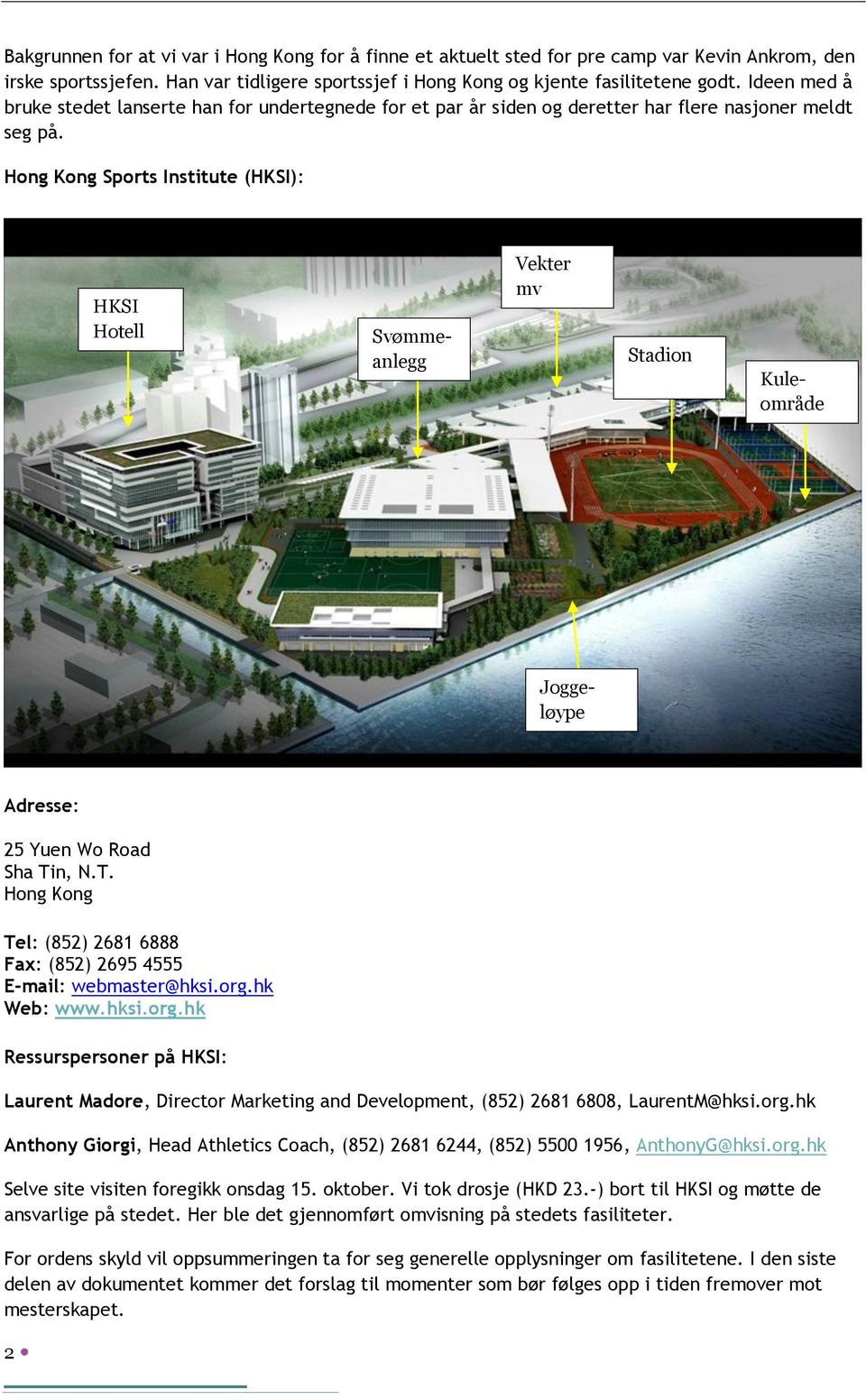 Hong Kong Sports Institute (HKSI): HKSI Hotell Svømmeanlegg Vekter mv Stadion Kuleområde Joggeløype Adresse: 25 Yuen Wo Road Sha Ti