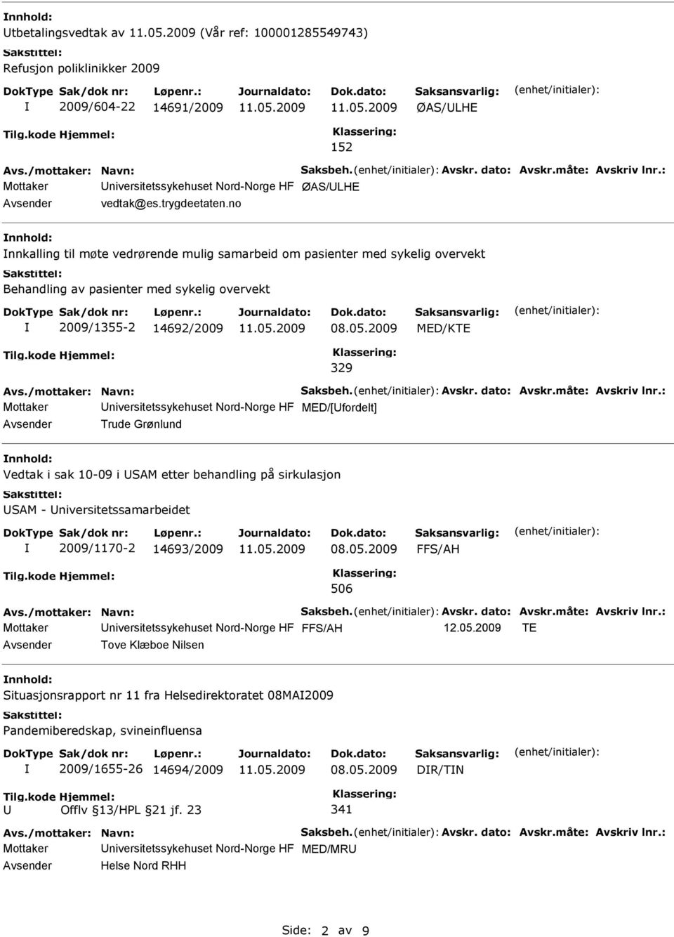 niversitetssykehuset Nord-Norge HF MED/[fordelt] Trude Grønlund nnhold: Vedtak i sak 10-09 i SAM etter behandling på sirkulasjon SAM - niversitetssamarbeidet 2009/1170-2 14693/2009 FFS/AH 506