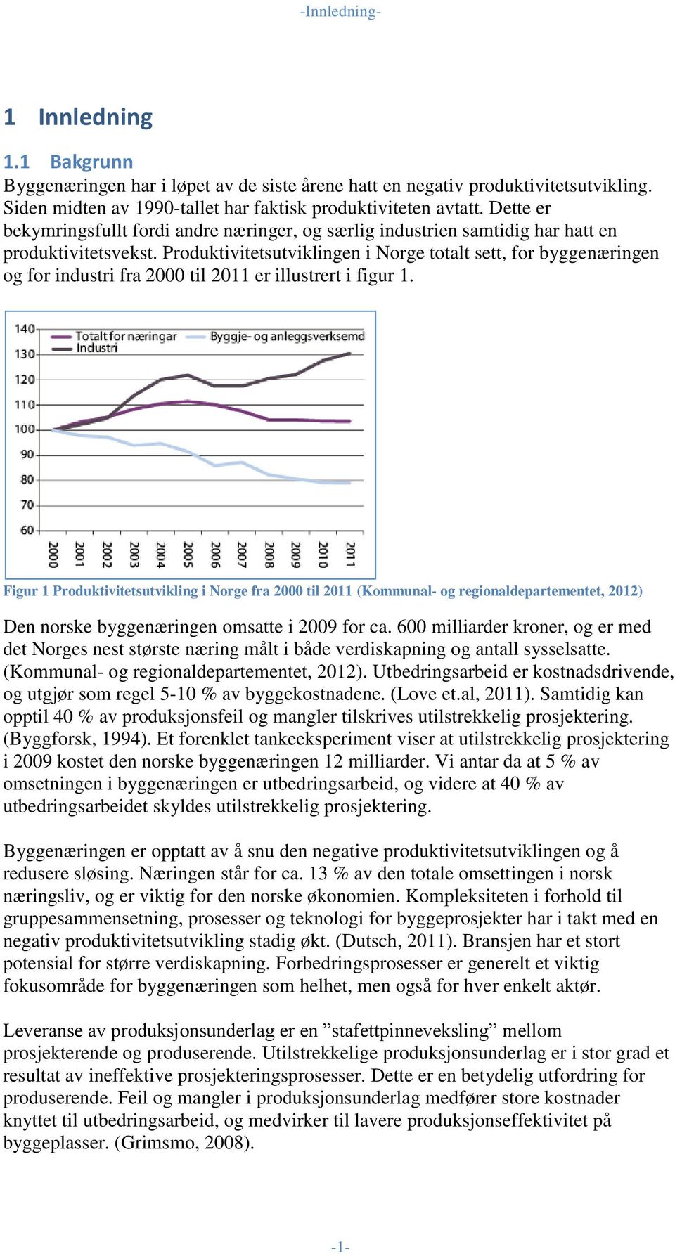 Produktivitetsutviklingen i Norge totalt sett, for byggenæringen og for industri fra 2000 til 2011 er illustrert i figur 1.