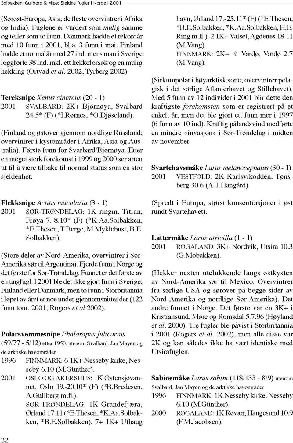 2002, Tyrberg 2002). Tereksnipe Xenus cinereus (20-1) 2001 SVALBARD: 2K+ Bjørnøya, Svalbard 24.5* (F) (*I.Rørnes, *O.Djøseland).