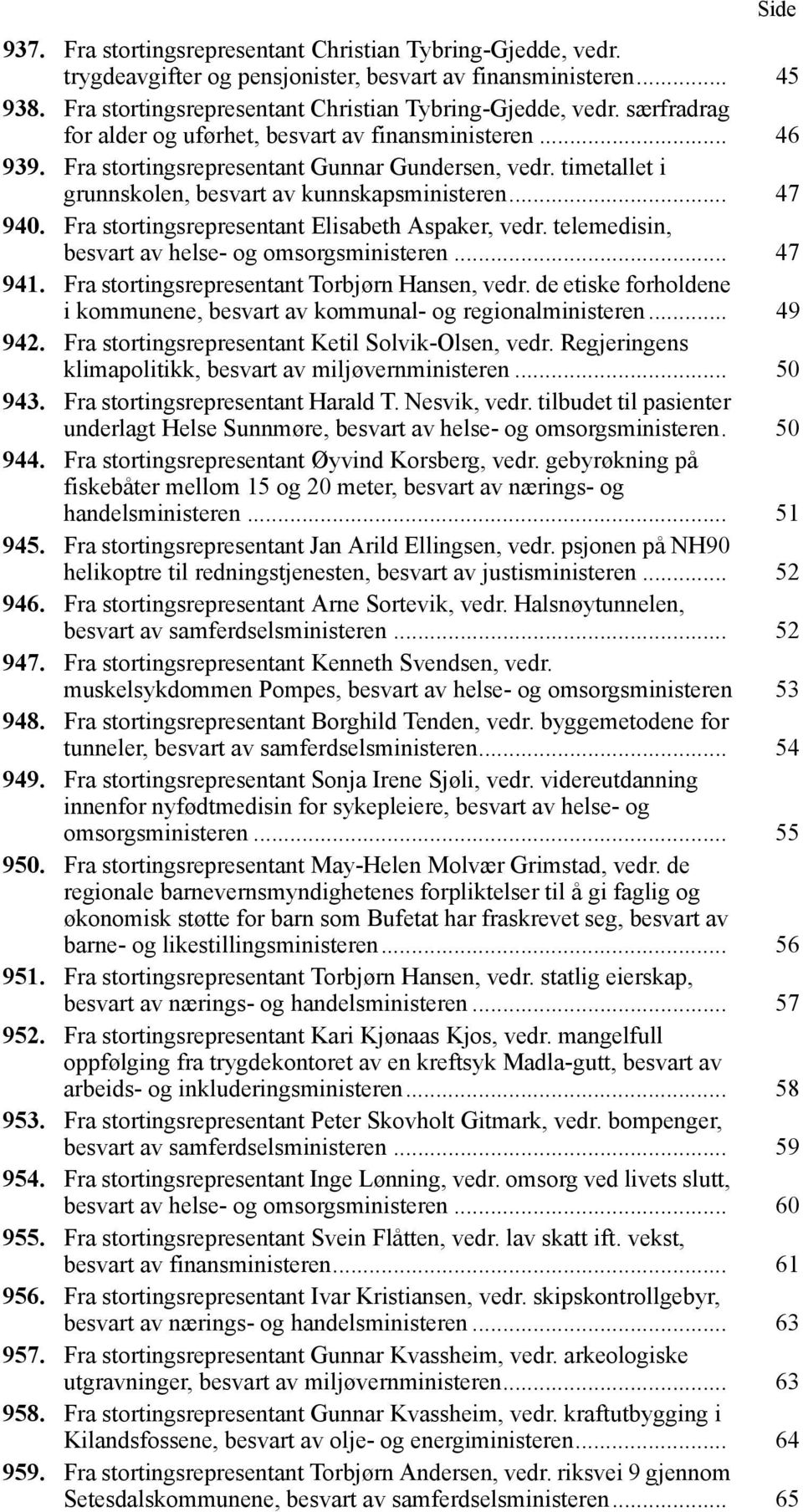 telemedisin, besvart av helse- og omsorgsministeren... 47 941. Fra stortingsrepresentant Torbjørn Hansen, vedr. de etiske forholdene i kommunene, besvart av kommunal- og regionalministeren... 49 942.