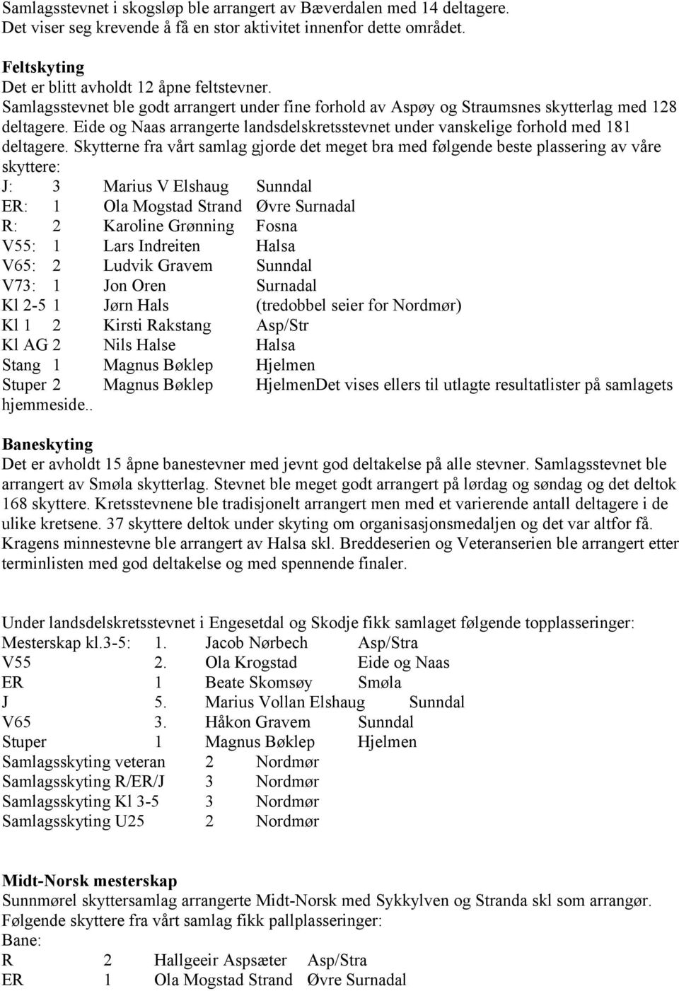 Skytterne fra vårt samlag gjorde det meget bra med følgende beste plassering av våre skyttere: J: 3 Marius V Elshaug Sunndal ER: 1 Ola Mogstad Strand Øvre Surnadal R: 2 Karoline Grønning Fosna V55: 1