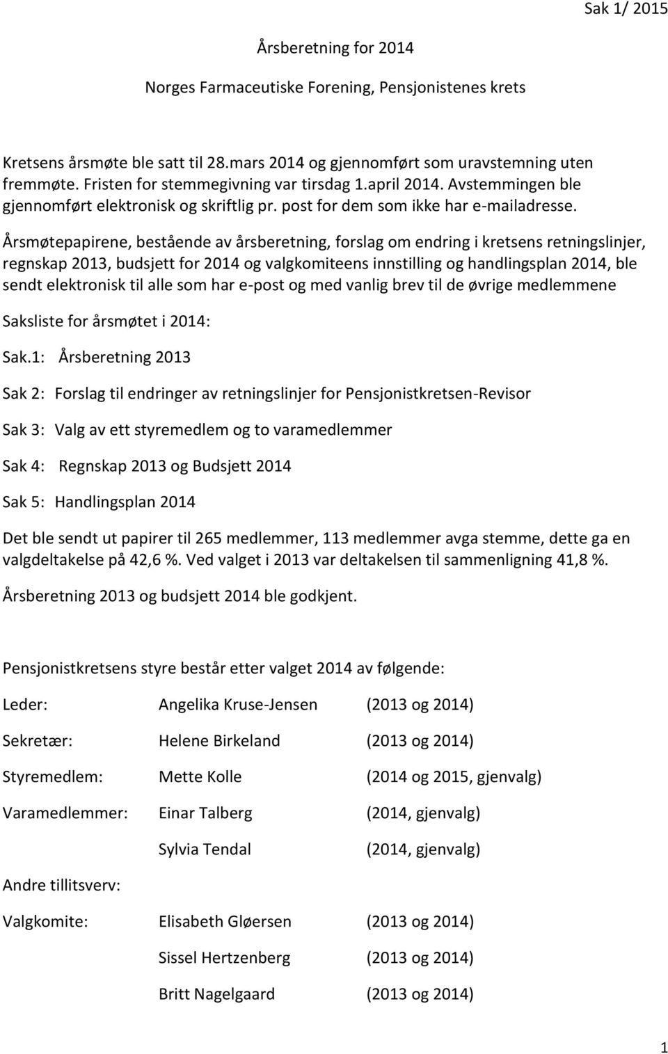 Årsmøtepapirene, bestående av årsberetning, forslag om endring i kretsens retningslinjer, regnskap 2013, budsjett for 2014 og valgkomiteens innstilling og handlingsplan 2014, ble sendt elektronisk