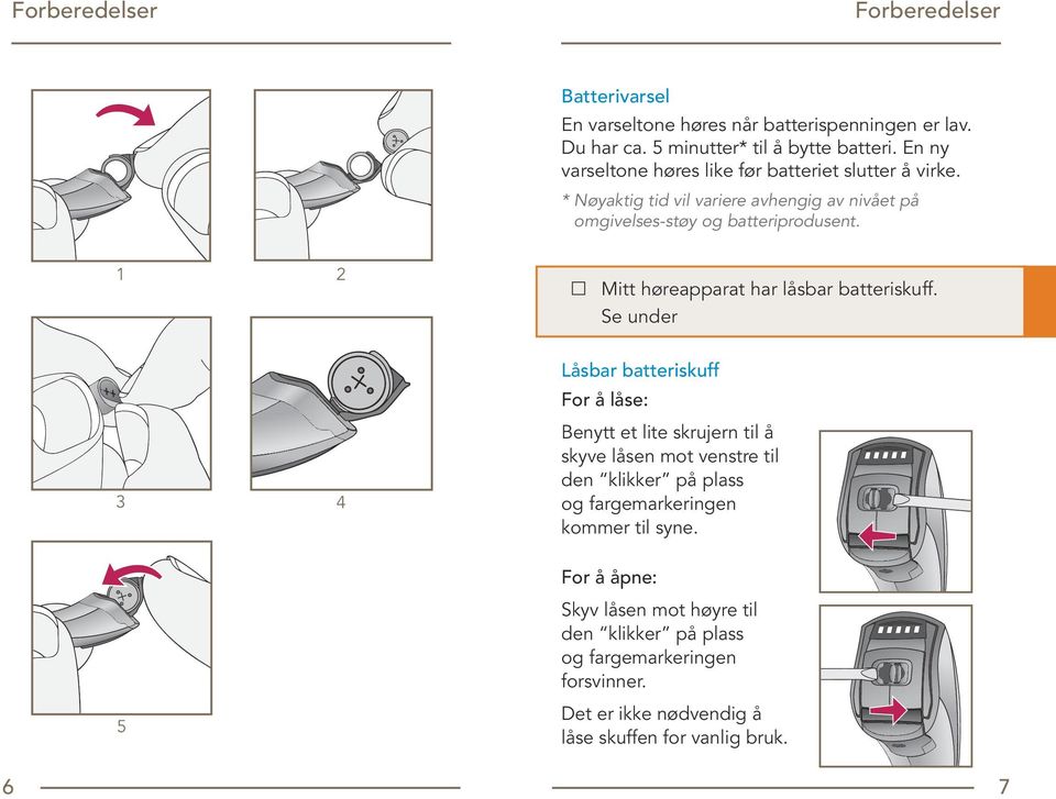 1 2 Mitt høreapparat har låsbar batteriskuff.