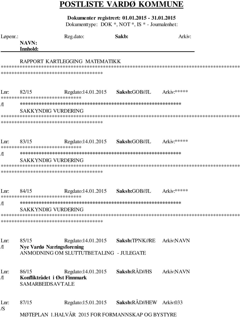 01.2015 Saksb:TPNK//RE Arkiv:NAVN /I Nye Vardø Næringsforening ANMODNING OM SLUTTUTBETALING - JULEGATE Lnr: 86/15 Regdato:14.01.2015 Saksb:RÅD//HS Arkiv:NAVN /I Konfliktrådet i Øst Finnmark SAMARBEIDSAVTALE Lnr: 87/15 Regdato:15.