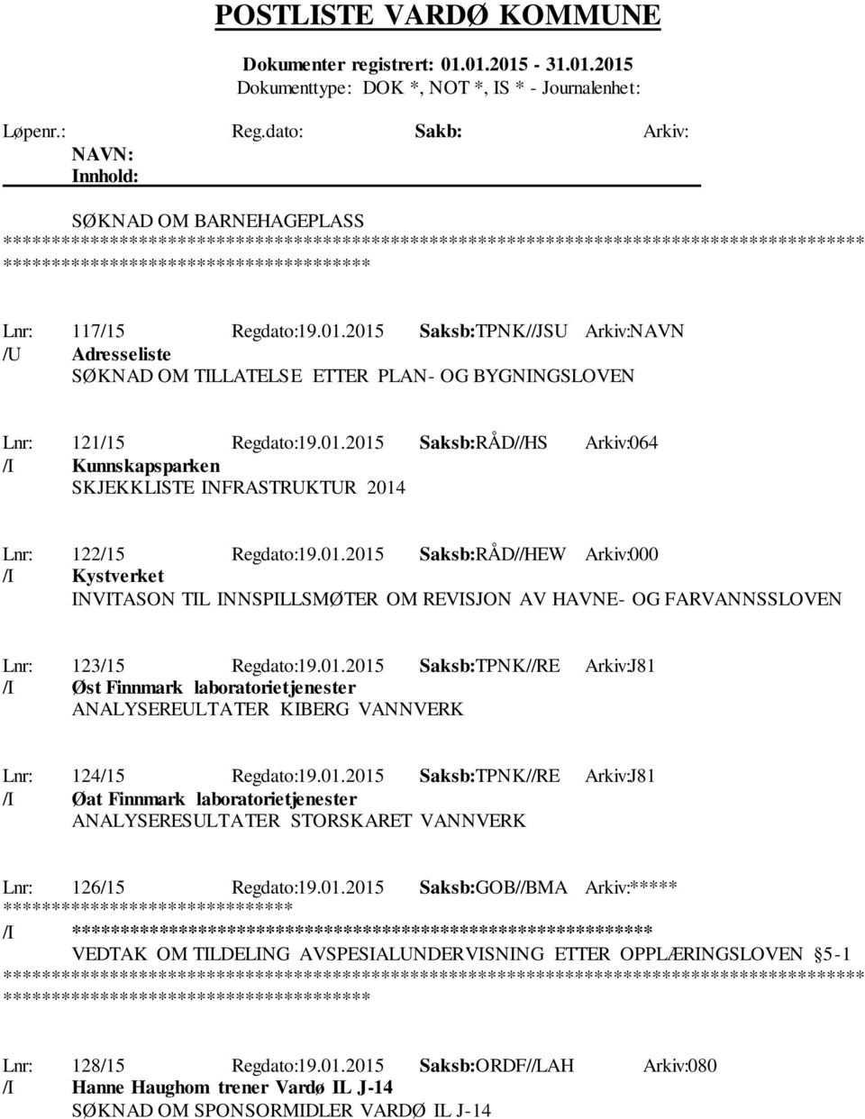 01.2015 Saksb:TPNK//RE Arkiv:J81 /I Øat Finnmark laboratorietjenester ANALYSERESULTATER STORSKARET VANNVERK Lnr: 126/15 Regdato:19.01.2015 Saksb:GOB//BMA Arkiv:***** /I ********************** VEDTAK OM TILDELING AVSPESIALUNDERVISNING ETTER OPPLÆRINGSLOVEN 5-1 ************* Lnr: 128/15 Regdato:19.