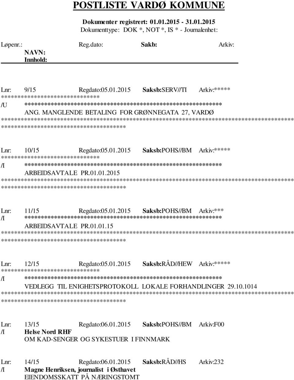 10.1014 ************* Lnr: 13/15 Regdato:06.01.2015 Saksb:POHS//BM Arkiv:F00 /I Helse Nord RHF OM KAD-SENGER OG SYKESTUER I FINNMARK Lnr: 14/15 Regdato:06.01.2015 Saksb:RÅD//HS Arkiv:232 /I Magne Henriksen, journalist i Østhavet EIENDOMSSKATT PÅ NÆRINGSTOMT