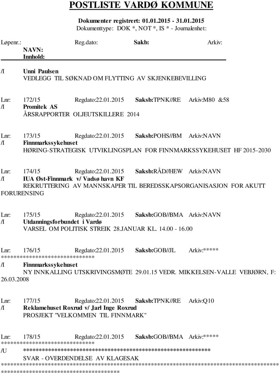 01.2015 Saksb:GOB//BMA Arkiv:NAVN /I Utdanningsforbundet i Vardø VARSEL OM POLITISK STREIK 28.JANUAR KL. 14.00-16.00 Lnr: 176/15 Regdato:22.01.2015 Saksb:GOB//JL Arkiv:***** /I Finnmarkssykehuset NY INNKALLING UTSKRIVINGSMØTE 29.