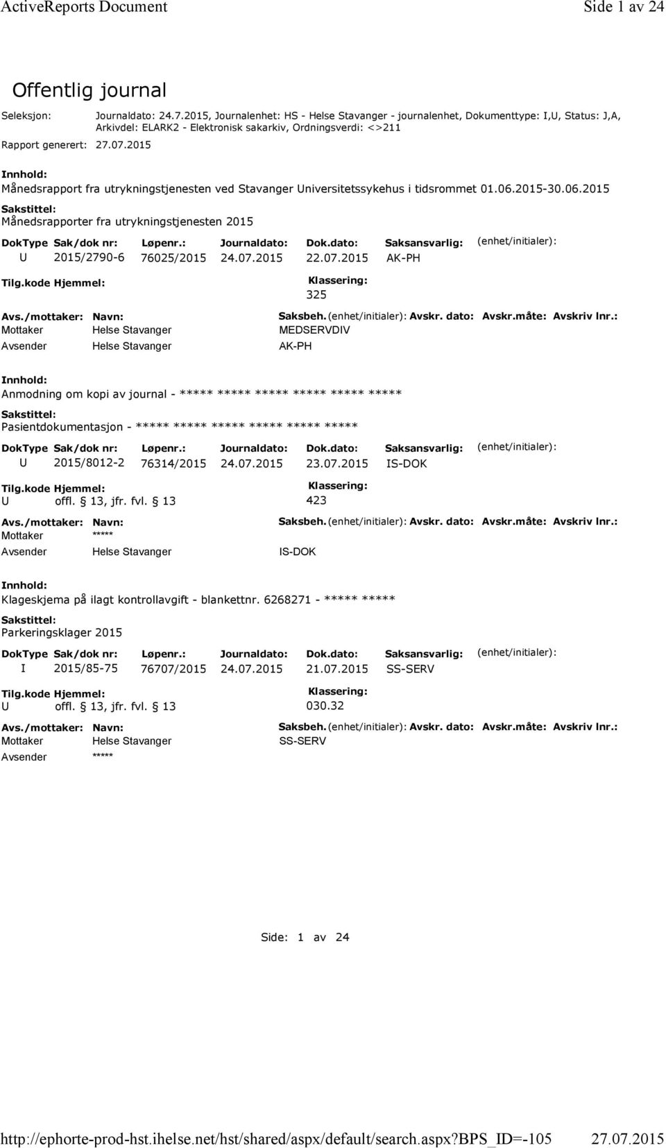 Universitetssykehus i tidsrommet 01.06.2015-30.06.2015 Månedsrapporter fra utrykningstjenesten 2015 U 2015/2790-6 76025/2015 AK-PH Tilg.kode Hjemmel: 325 Helse Stavanger Saksbeh. Avskr. dato: Avskr.