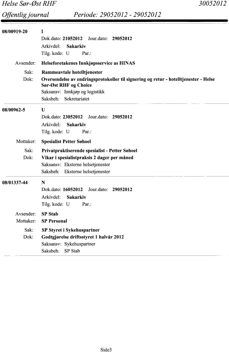 hotelltjenester - Helse Sør-øst RHF og Choice innkjøp og logistikk Sekretariatet 08/00962-5 Dok.dato: 23052012 Jour.