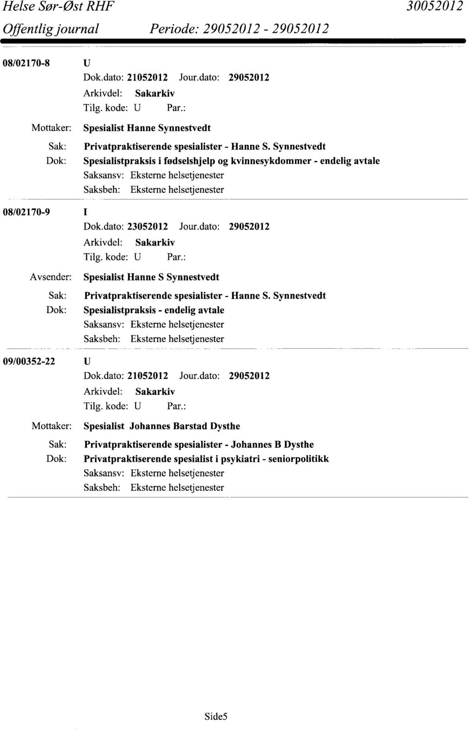 dato: 29052012 Spesialist Hanne S Synnestvedt Privatpraktiserende spesialister - Hanne S.