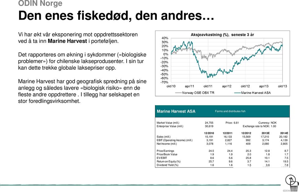 Marine Harvest har god geografisk spredning på sine anlegg og således lavere «biologisk risiko» enn de fleste andre oppdrettere. I tillegg har selskapet en stor foredlingsvirksomhet.