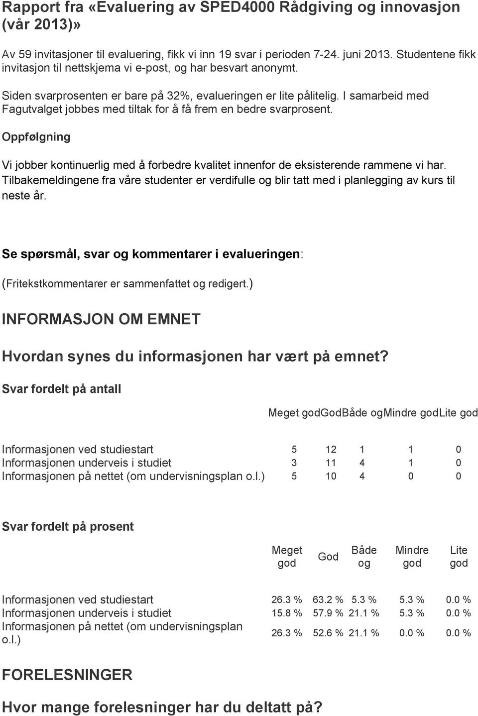 I samarbeid med Fagutvalget jobbes med tiltak for å få frem en bedre svarprosent. Oppfølgning Vi jobber kontinuerlig med å forbedre kvalitet innenfor de eksisterende rammene vi har.