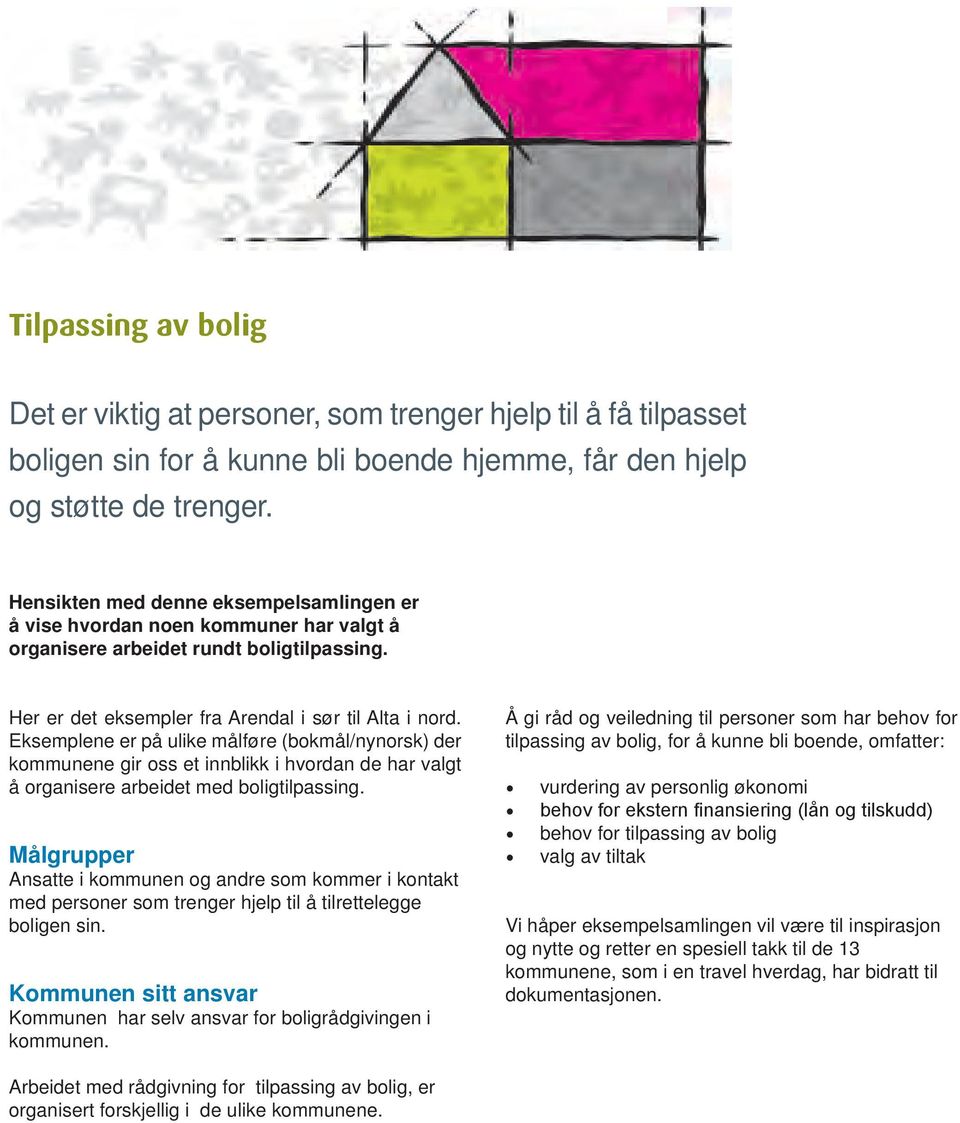 Eksemplene er på ulike målføre (bokmål/nynorsk) der kommunene gir oss et innblikk i hvordan de har valgt å organisere arbeidet med boligtilpassing.