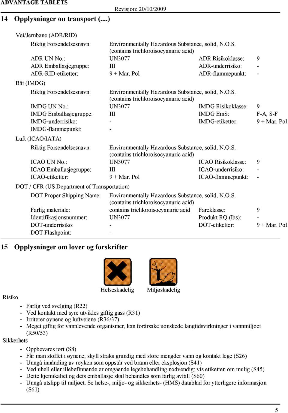 Pol ADR-flammepunkt: - Båt (IMDG) Riktig Forsendelsesnavn: Environmentally Hazardous Substance, solid, N.O.S. IMDG UN No.