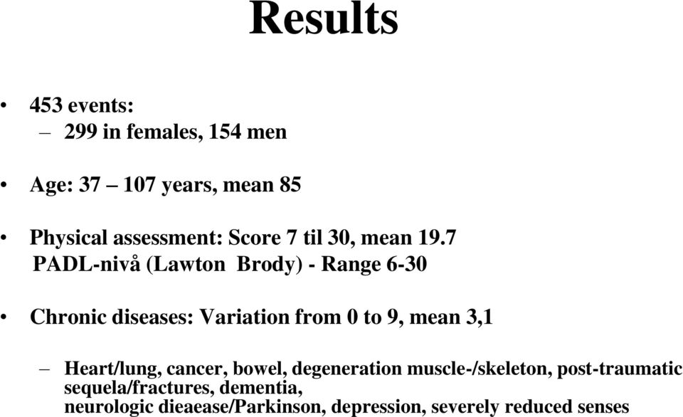 7 PADL-nivå (Lawton Brody) - Range 6-30 Chronic diseases: Variation from 0 to 9, mean 3,1