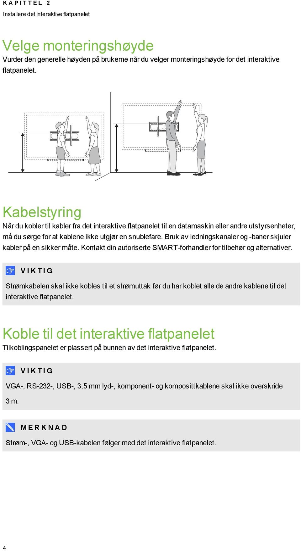 Bruk av ledningskanaler og -baner skjuler kabler på en sikker måte. Kontakt din autoriserte SMART-forhandler for tilbehør og alternativer.