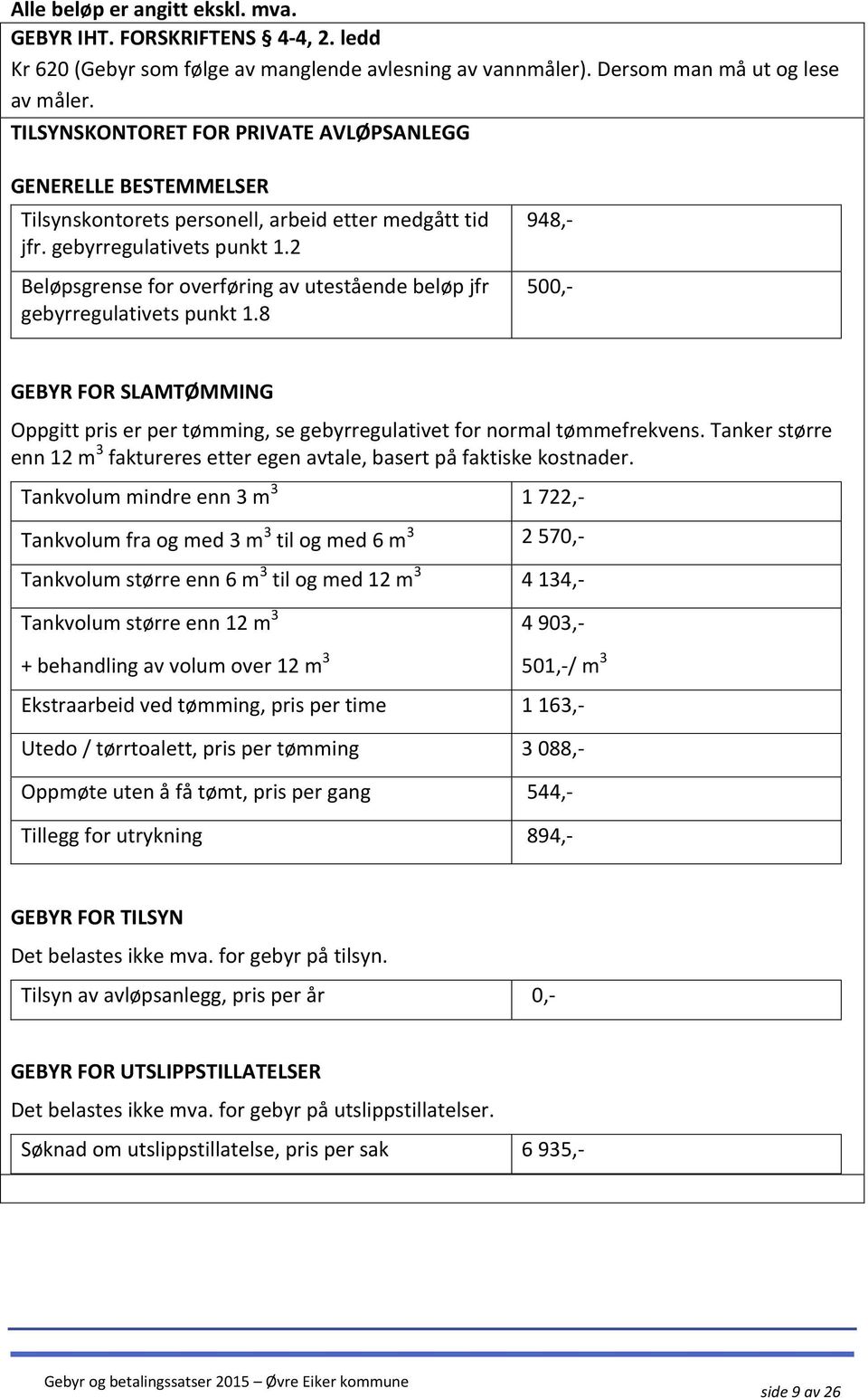 2 Beløpsgrense for overføring av utestående beløp jfr gebyrregulativets punkt 1.8 948,- 500,- GEBYR FOR SLAMTØMMING Oppgitt pris er per tømming, se gebyrregulativet for normal tømmefrekvens.