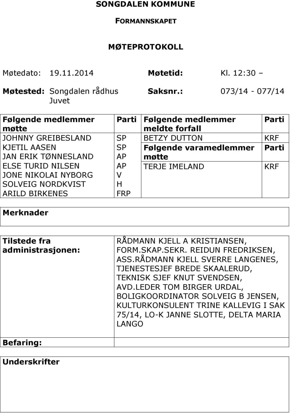 medlemmer meldte forfall SP BETZY DUTTON SP Følgende varamedlemmer AP møtte AP TERJE IMELAND V H FRP Parti KRF Parti KRF Tilstede fra administrasjonen: RÅDMANN KJELL A KRISTIANSEN, FORM.SKAP.SEKR.