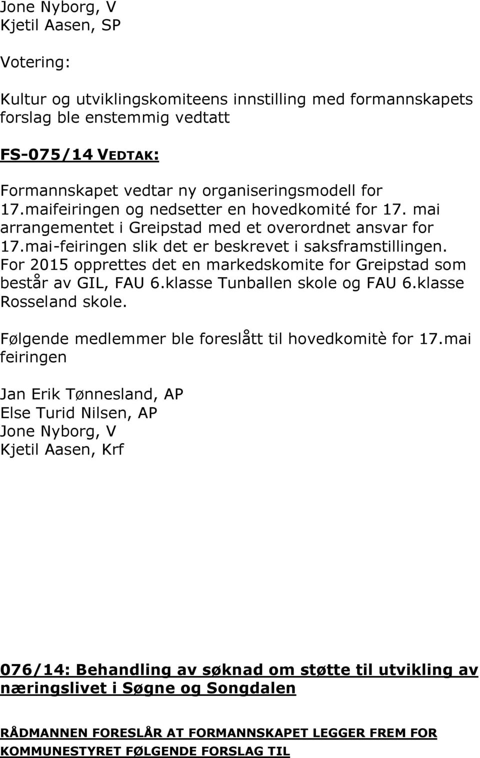 For 2015 opprettes det en markedskomite for Greipstad som består av GIL, FAU 6.klasse Tunballen skole og FAU 6.klasse Rosseland skole. Følgende medlemmer ble foreslått til hovedkomitè for 17.