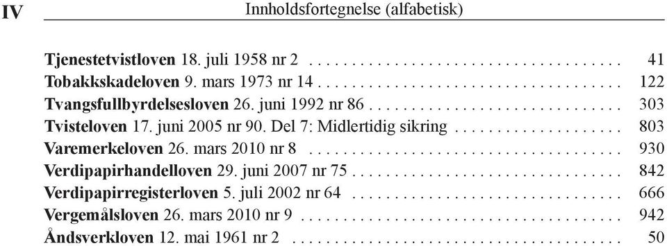 Del 7: Midlertidig sikring... 803 Varemerkeloven 26. mars 2010 nr 8... 930 Verdipapirhandelloven 29.