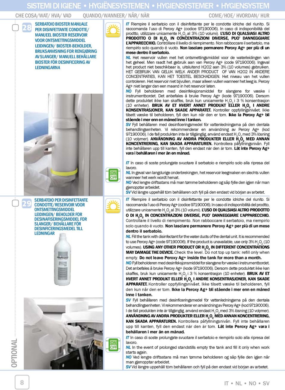 con il disinfettante per le condotte idriche del riunito. Si raccomanda l uso di Peroxy Ag+ (codice 97190006). In caso di indisponibilità del prodtto, utilizzare unicamente H 2 al 3% (10 volumi).