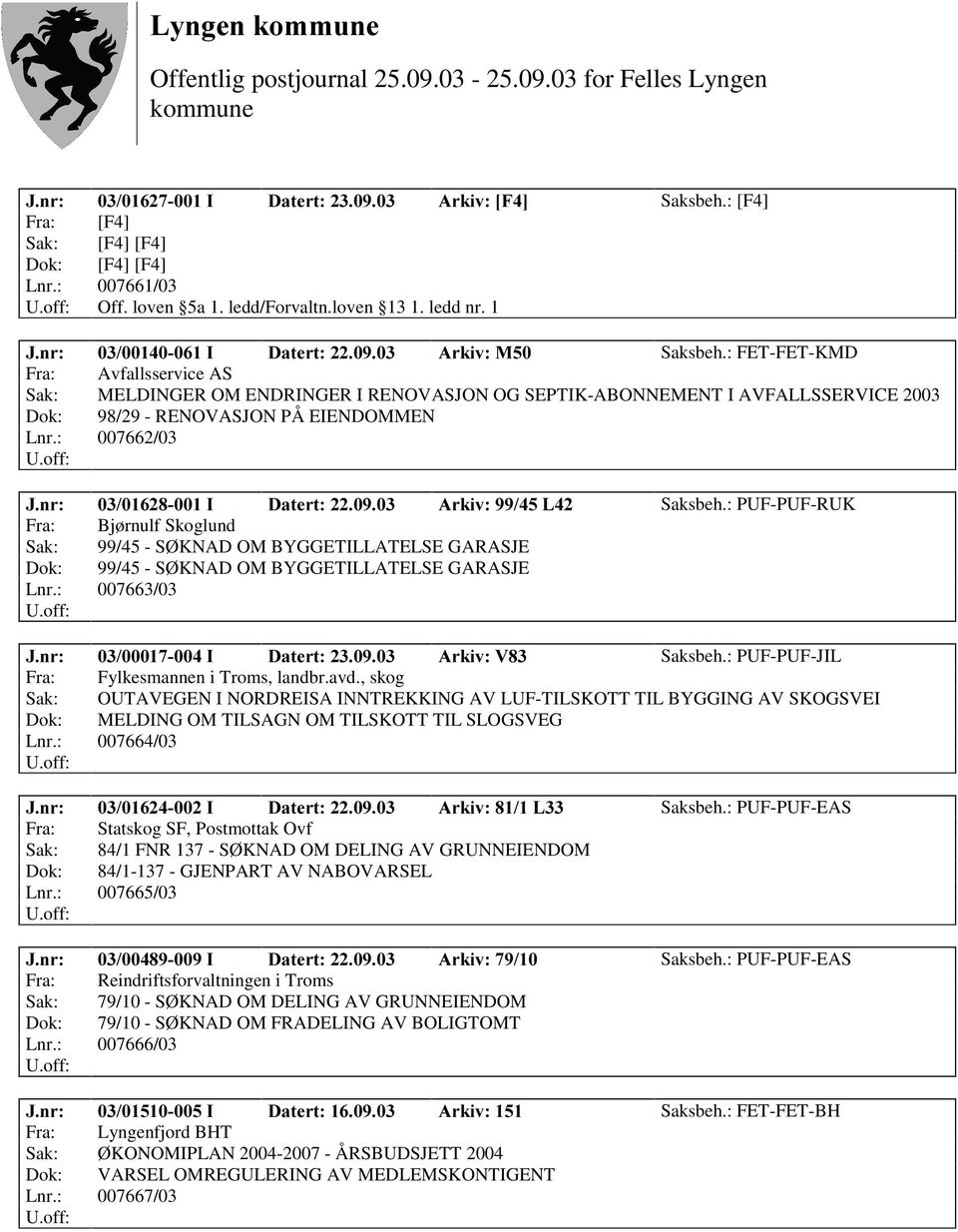 : 007662/03 -QU, 'DWHUW $UNLY/ Saksbeh.: PUF-PUF-RUK Fra: Bjørnulf Skoglund Sak: 99/45 - SØ KNAD OM BYGGETILLATELSE GARASJE Dok: 99/45 - SØ KNAD OM BYGGETILLATELSE GARASJE Lnr.