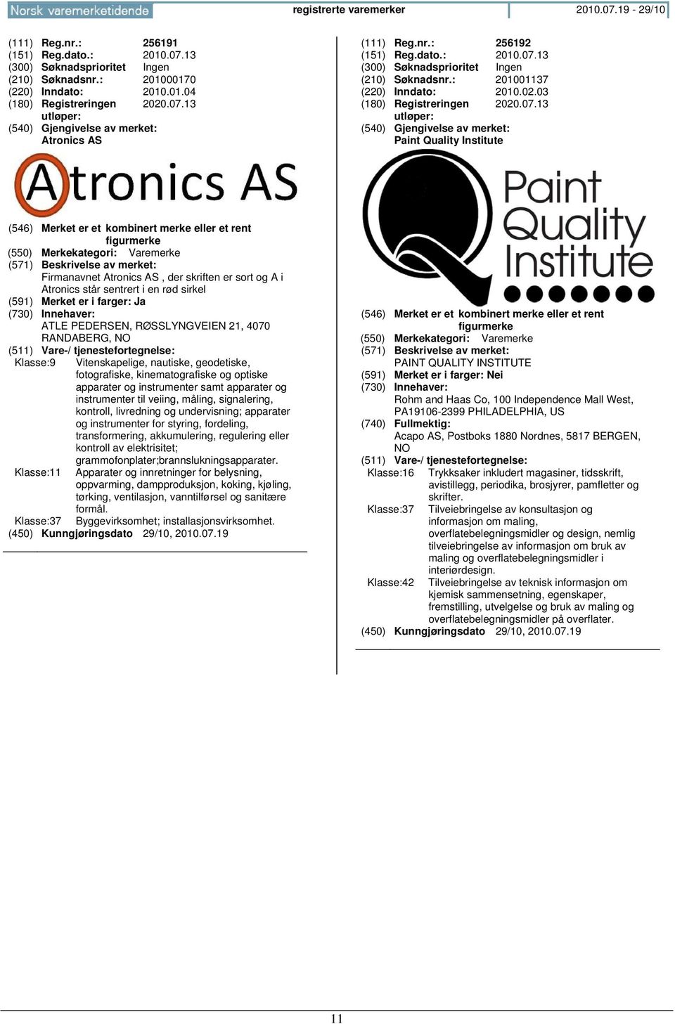 13 Paint Quality Institute (546) Merket er et kombinert merke eller et rent figurmerke (550) Merkekategori: Varemerke (571) Beskrivelse av merket: Firmanavnet Atronics AS, der skriften er sort og A i