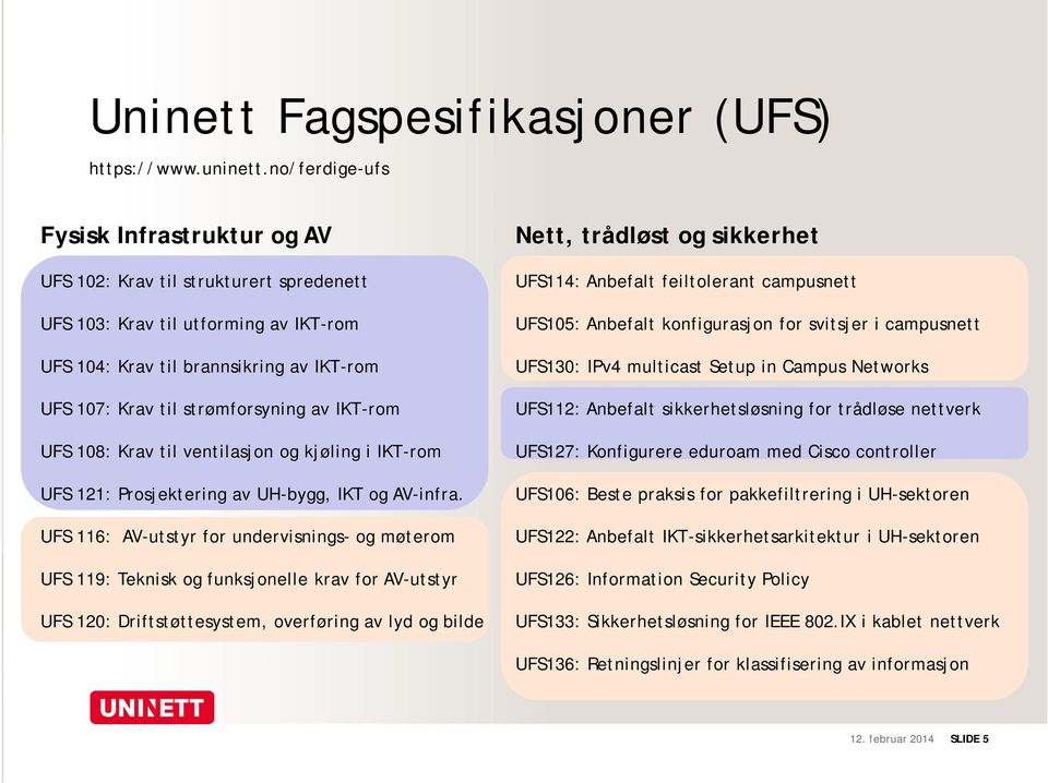 IKT-rom UFS 108: Krav til ventilasjon og kjøling i IKT-rom UFS 121: Prosjektering av UH-bygg, IKT og AV-infra.