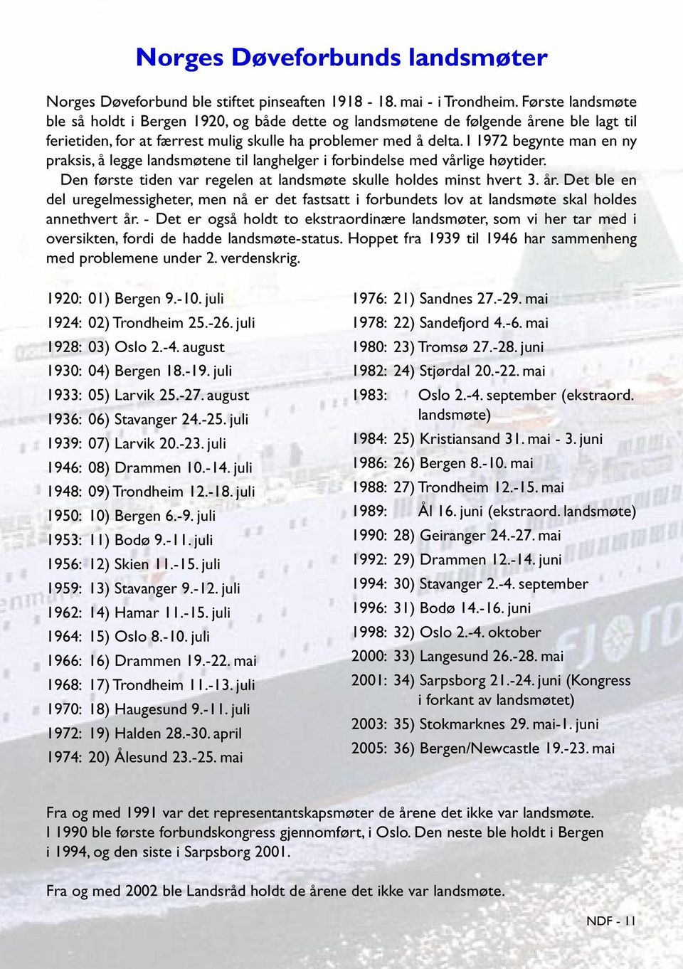 I 1972 begynte man en ny praksis, å legge landsmøtene til langhelger i forbindelse med vårlige høytider. Den første tiden var regelen at landsmøte skulle holdes minst hvert 3. år.