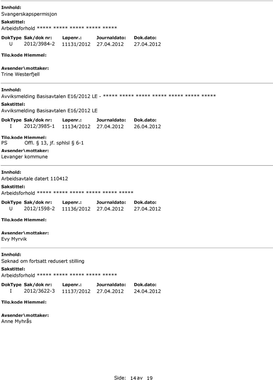 2012/3985-1 11134/2012 Levanger kommune Arbeidsavtale datert 110412 ***** 2012/1598-2 11136/2012