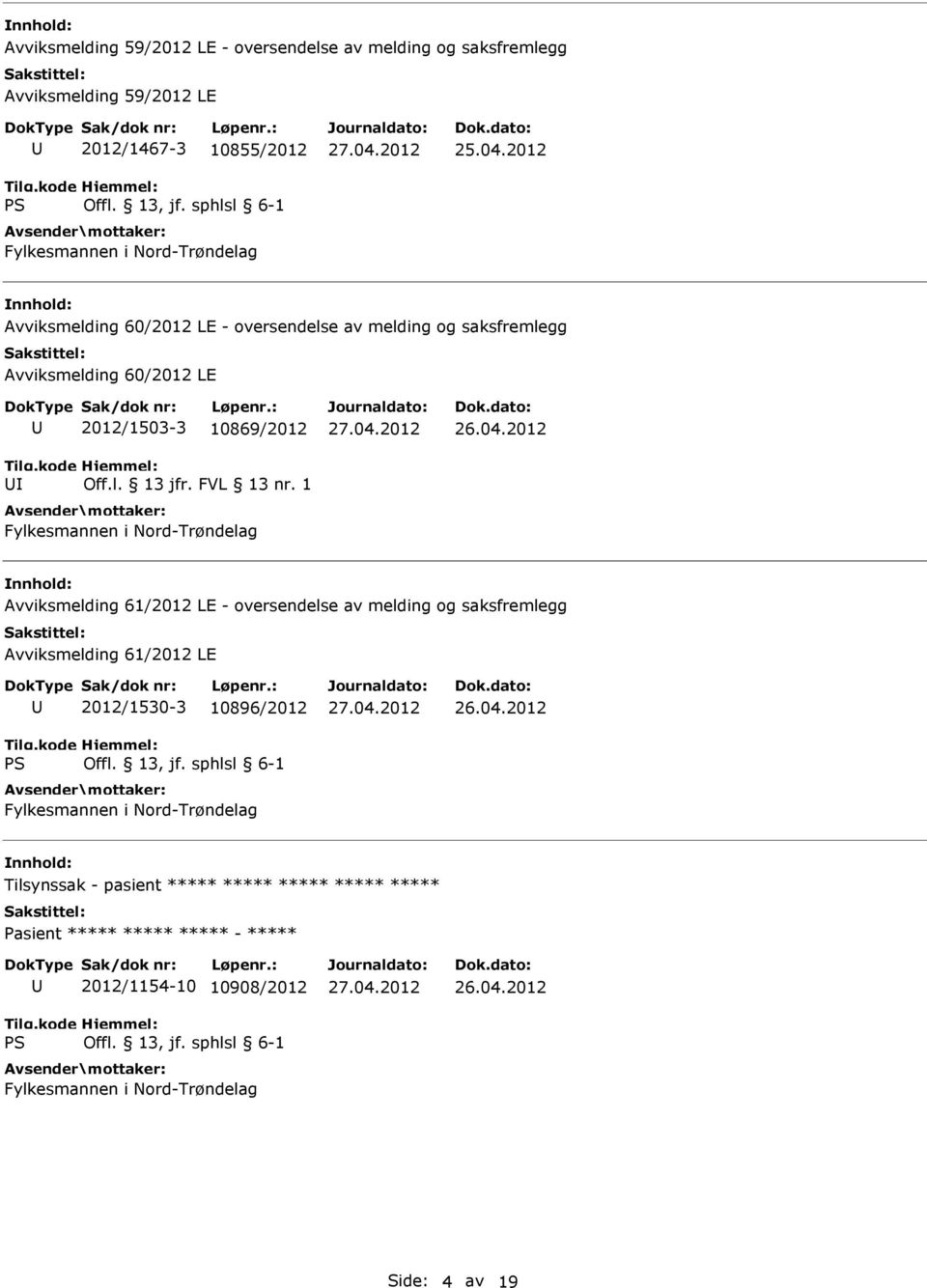 1 Fylkesmannen i Nord-Trøndelag Avviksmelding 61/2012 LE - oversendelse av melding og saksfremlegg Avviksmelding 61/2012 LE 2012/1530-3 10896/2012