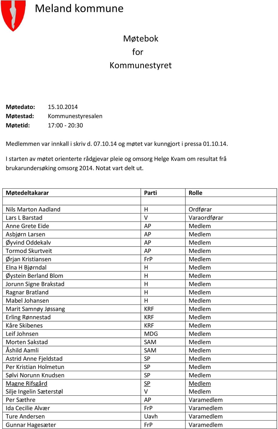 Møtedeltakarar Parti Rolle Nils Marton Aadland H Ordførar Lars L Barstad V Varaordførar Anne Grete Eide AP Medlem Asbjørn Larsen AP Medlem Øyvind Oddekalv AP Medlem Tormod Skurtveit AP Medlem Ørjan