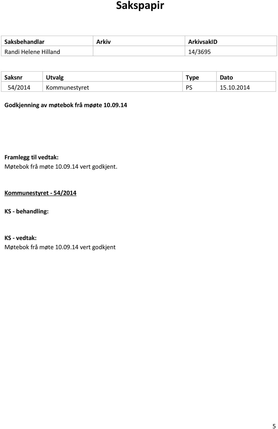 2014 Godkjenning av møtebok frå møøte 10.09.