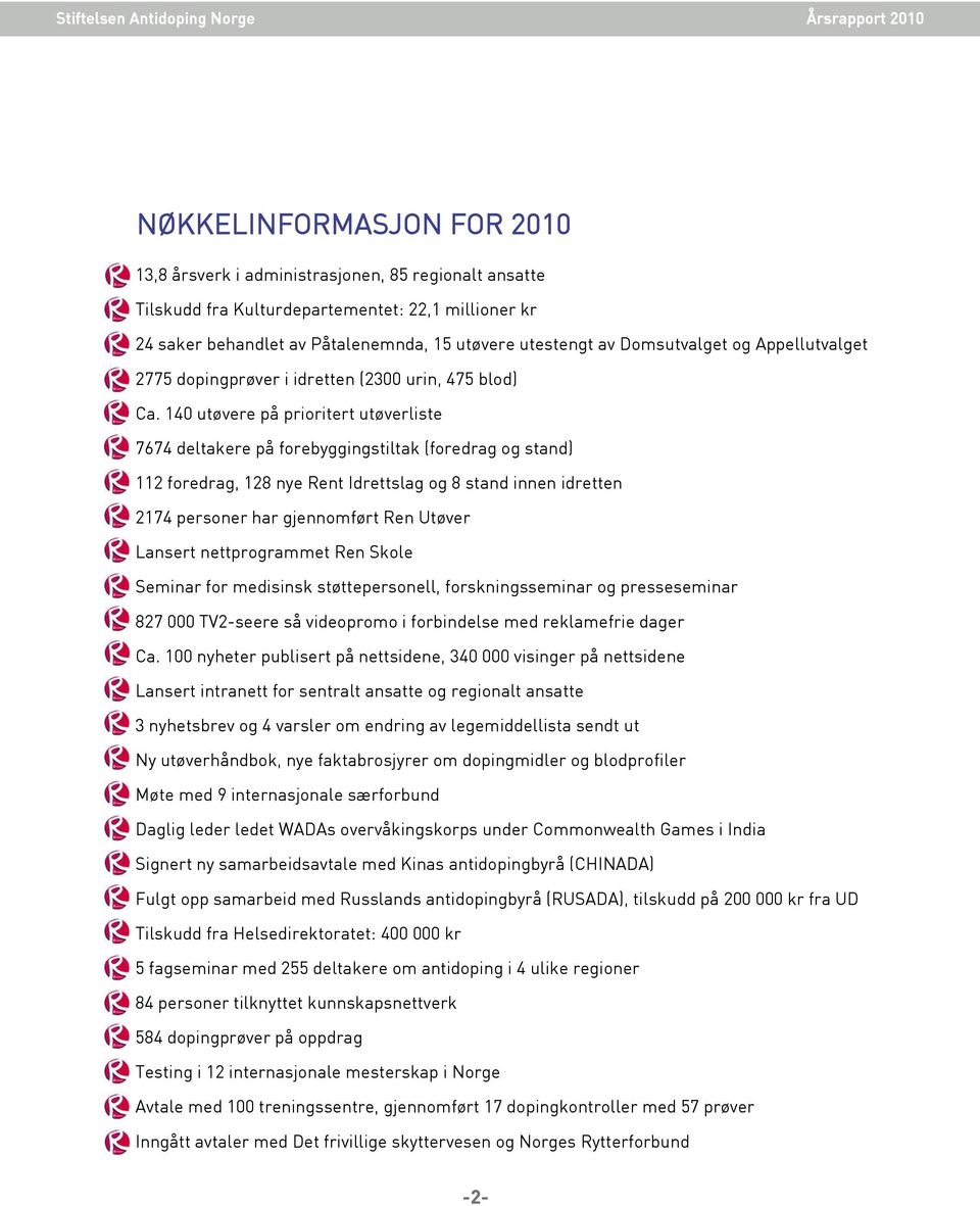 140 utøvere på prioritert utøverliste 7674 deltakere på forebyggingstiltak (foredrag og stand) 112 foredrag, 128 nye Rent Idrettslag og 8 stand innen idretten 2174 personer har gjennomført Ren Utøver