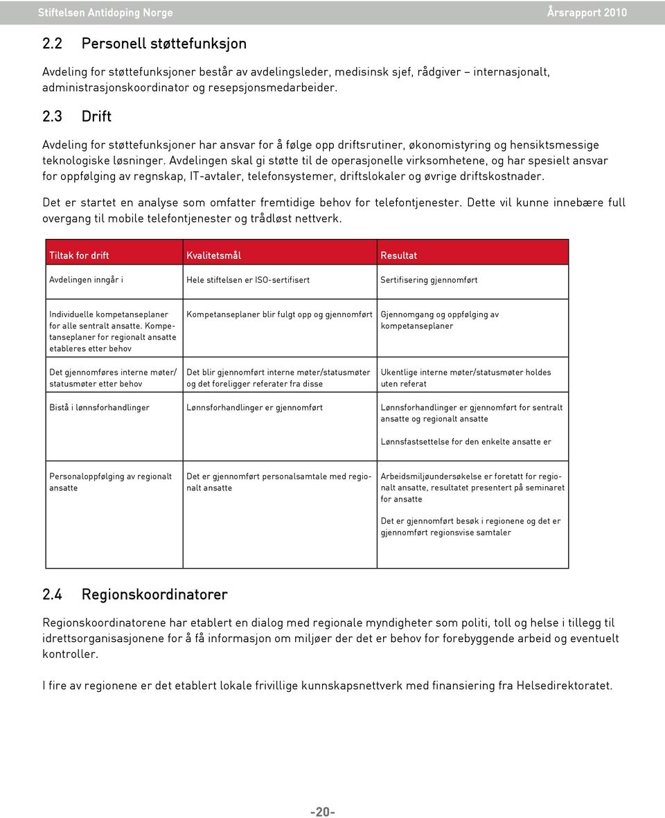 Avdelingen skal gi støtte til de operasjonelle virksomhetene, og har spesielt ansvar for oppfølging av regnskap, IT-avtaler, telefonsystemer, driftslokaler og øvrige driftskostnader.