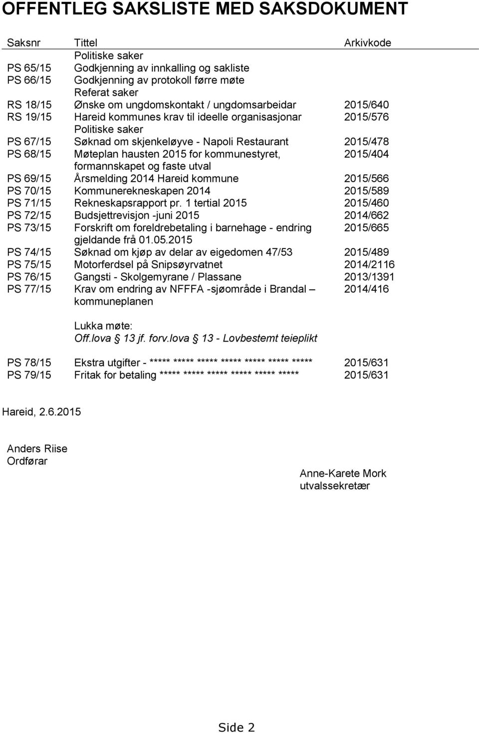 Møteplan hausten 2015 for kommunestyret, 2015/404 formannskapet og faste utval PS 69/15 Årsmelding 2014 Hareid kommune 2015/566 PS 70/15 Kommunerekneskapen 2014 2015/589 PS 71/15 Rekneskapsrapport pr.