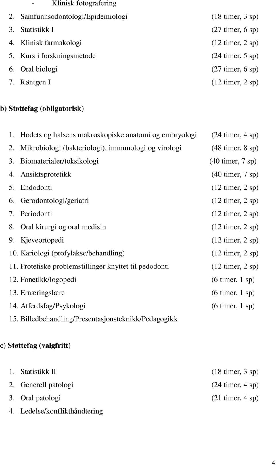 Mikrobiologi (bakteriologi), immunologi og virologi (48 timer, 8 sp) 3. Biomaterialer/toksikologi (40 timer, 7 sp) 4. Ansiktsprotetikk (40 timer, 7 sp) 5. Endodonti (12 timer, 2 sp) 6.