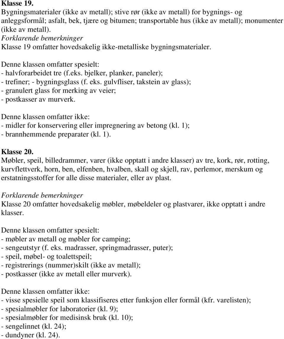 Forklarende bemerkninger Klasse 19 omfatter hovedsakelig ikke-metalliske bygningsmaterialer. Denne klassen omfatter spesielt: - halvforarbeidet tre (f.eks.